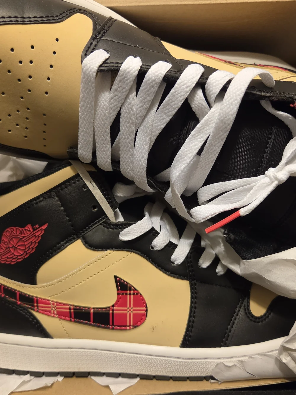 Jordan Low Top Sneakers in Black, Pale Yellow & Red Plaid